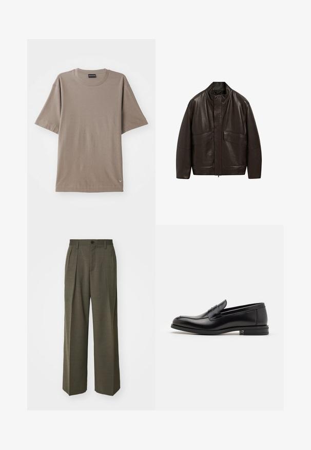 Brown leather jacket with a high collar, zip closure, and two large front pockets; features a smooth texture and relaxed fit design.; Brown short-sleeve t-shirt with a crew neck design, featuring a subtle textured pattern and a small logo tag on the lower left side.; Filippa K WIDE TROUSERS - Trousers - driftwood; Black leather loafers with a smooth texture, rounded toe, and a decorative strap across the vamp. Low stacked heel, minimalist design.