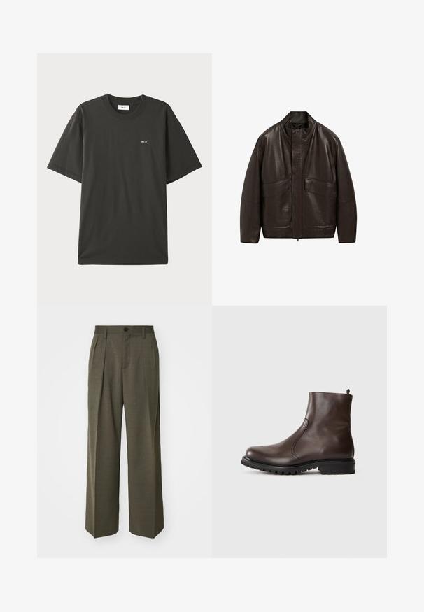 Giubbotto in pelle marrone con colletto alto, chiusura a zip e due grandi tasche frontali; presenta una texture liscia e un design dalla vestibilità comoda.; NN.07 ADAM EMB - T-shirt basic - khaki; Filippa K WIDE TROUSERS - Pantaloni - driftwood; Stivale alla caviglia in pelle marrone con una texture liscia, pannelli laterali elasticizzati, linguetta sul retro e suola in gomma robusta.