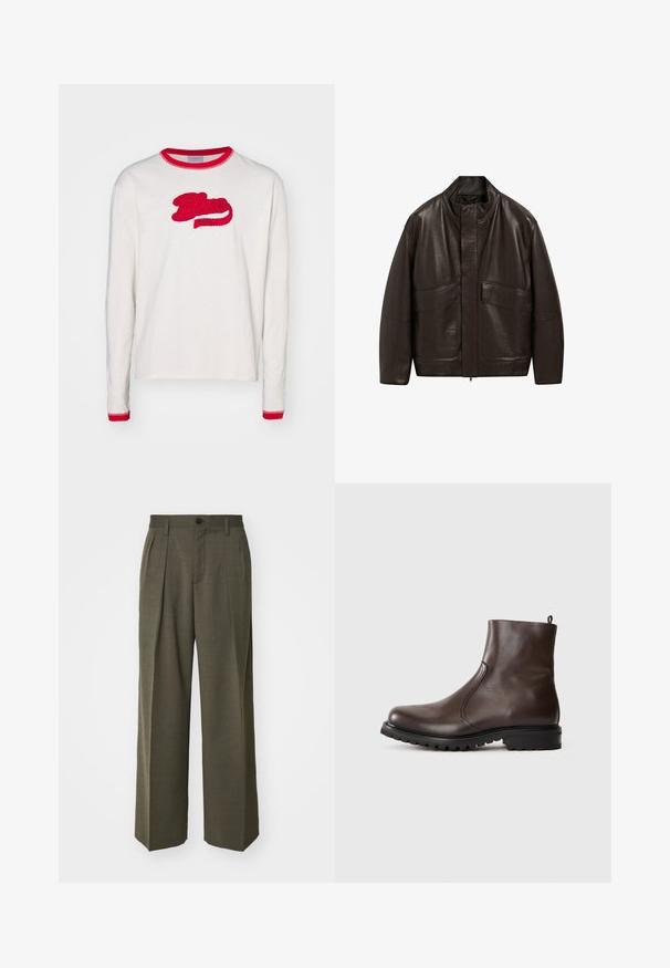 Brown leather jacket with a high collar, zip closure, and two large front pockets; features a smooth texture and relaxed fit design.; Long-sleeve, cream-colored cotton t-shirt with red ribbed neckline and cuffs. Features embroidered "Blue Marble" logo in red.; Filippa K WIDE TROUSERS - Trousers - driftwood; Brown leather ankle boot with a smooth texture, elastic side panels, pull tab at the back, and a rugged rubber sole.
