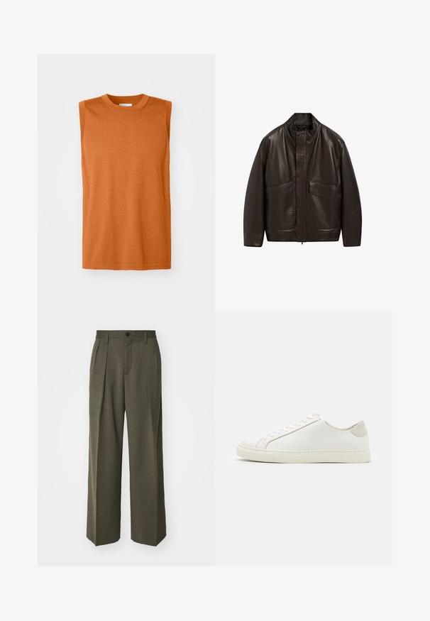 Giubbotto in pelle marrone con colletto alto, chiusura a zip e due grandi tasche frontali; presenta una texture liscia e un design dalla vestibilità comoda.; Top arancione senza maniche con scollatura rotonda, texture liscia e design a taglio dritto, caratterizzato da un orlo pulito e dettagli minimi.; Filippa K WIDE TROUSERS - Pantaloni - driftwood; Sneaker bianca in pelle con superficie liscia, punta rotonda e design minimalista. Presenta dettagli beige sul tallone e una suola in gomma.