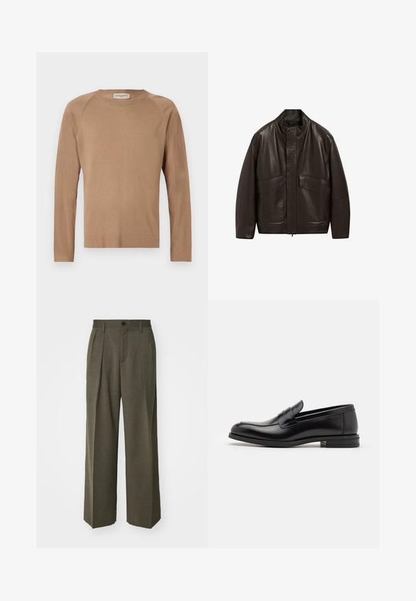 Brązowa skórzana kurtka z wysokim kołnierzem, zapięciem na zamek i dwiema dużymi kieszeniami z przodu; charakteryzuje się gładką fakturą i luźnym krojem.; Jasnobrązowy sweter dzianinowy z długimi rękawami, okrągłym dekoltem i szwami raglanowymi. Miękka tekstura i prosty design. Prosty i wszechstronny.; Filippa K - Spodnie materiałowe; Czarne skórzane mokasyny o gładkiej fakturze, zaokrąglonym nosku i dekoracyjnym pasku na przodzie. Niski, warstwowy obcas, minimalistyczny design.