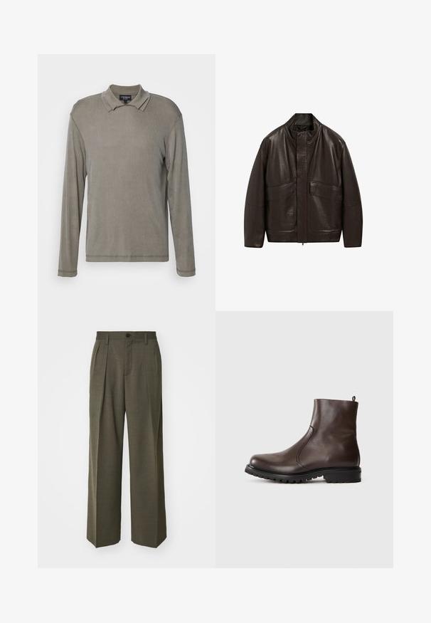 Hnědá kožená bunda s vysokým límcem, zipovým zapínáním a dvěma velkými předními kapsami; má hladkou texturu a volný střih.; Polo triko s dlouhým rukávem v tlumené šedé barvě, vyrobené z měkké tkaniny s jemným žebrovaným povrchem. Obsahuje klasický límeček a prošité lemy.; Filippa K WIDE TROUSERS - Kalhoty - driftwood; Hnědé kožené kotníkové boty s hladkým povrchem, elastickými postranními panely, poutkem na zadní straně a robustní gumovou podrážkou.