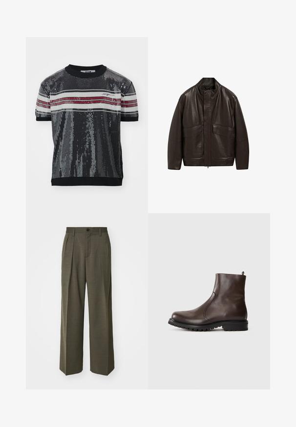 Brązowa skórzana kurtka z wysokim kołnierzem, zapięciem na zamek i dwiema dużymi kieszeniami z przodu; charakteryzuje się gładką fakturą i luźnym krojem.; Czarna damska bluzka na krótki rękaw z cekinami o prążkowanej strukturze, z białymi i czerwonymi poziomymi paskami oraz okrągłym dekoltem. Zawiera logo marki.; Filippa K - Spodnie materiałowe; Brązowe skórzane botki za kostkę o gładkiej powierzchni, z elastycznymi bocznymi panelami, pętelką z tyłu oraz wytrzymałą gumową podeszwą.