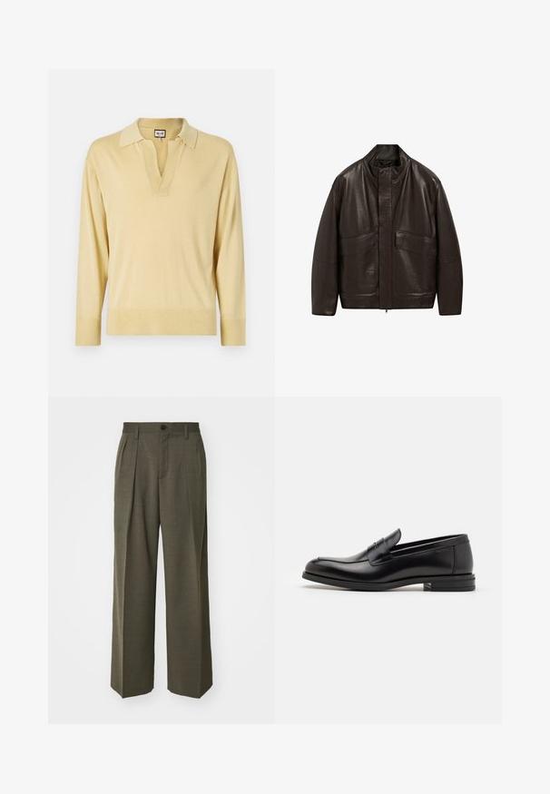Hnědá kožená bunda s vysokým límcem, zipovým zapínáním a dvěma velkými předními kapsami; má hladkou texturu a volný střih.; Svetr s dlouhým rukávem v světle žluté barvě, s výstřihem do V, kontrastním límcem a žebrovanými manžetami, který má jemnou a hladkou strukturu.; Filippa K WIDE TROUSERS - Kalhoty - driftwood; Černé kožené polobotky s hladkou texturou, zaoblenou špičkou a zdobným páskem přes nárt. Nízký stohovaný podpatek, minimalistický design.