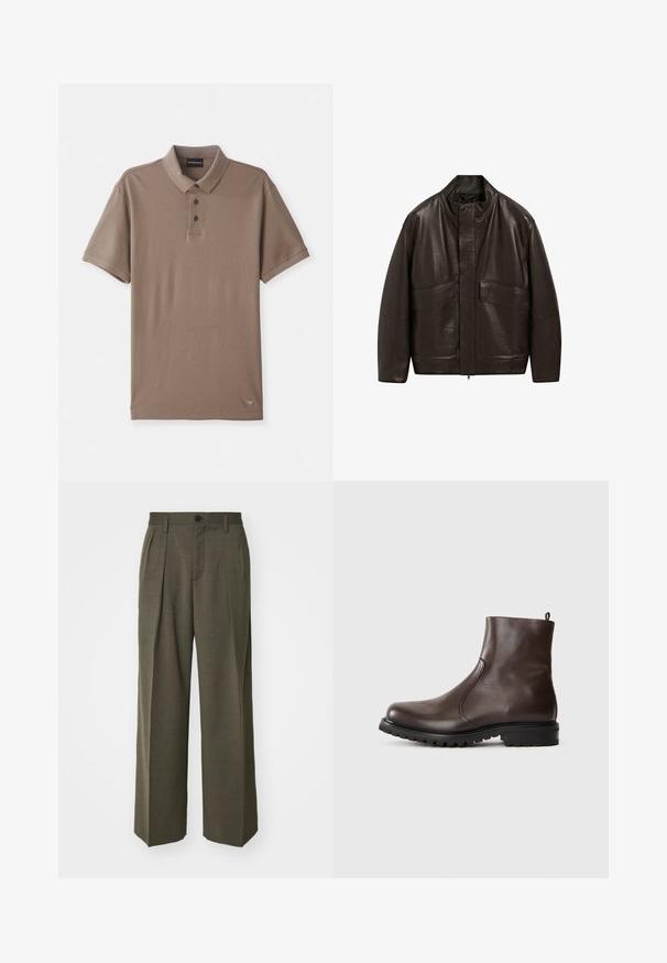 Hnědá kožená bunda s vysokým límcem, zipovým zapínáním a dvěma velkými předními kapsami; má hladkou texturu a volný střih.; Hnědá polo tričko s texturovaným povrchem, krátkými rukávy, třemi černými knoflíky a malým logem v pravém dolním rohu.; Filippa K WIDE TROUSERS - Kalhoty - driftwood; Hnědé kožené kotníkové boty s hladkým povrchem, elastickými postranními panely, poutkem na zadní straně a robustní gumovou podrážkou.