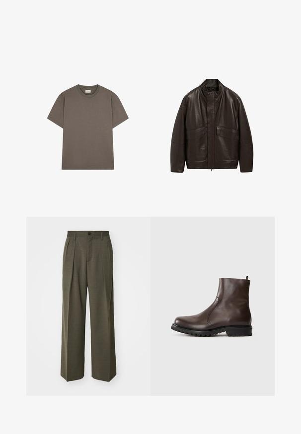 Giubbotto in pelle marrone con colletto alto, chiusura a zip e due grandi tasche frontali; presenta una texture liscia e un design dalla vestibilità comoda.; Scalpers SOLID - T-shirt basic - brown; Filippa K WIDE TROUSERS - Pantaloni - driftwood; Stivale alla caviglia in pelle marrone con una texture liscia, pannelli laterali elasticizzati, linguetta sul retro e suola in gomma robusta.