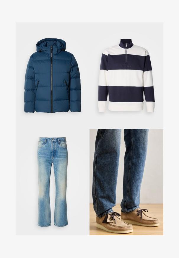 Blauwe pufferjas met een capuchon, voorzien van een rits aan de voorkant, twee zijzakken en gecapitonneerde secties voor isolatie. Glad, waterafstotend materiaal.; Marineblauwe en witte gestreepte pullover met een hoge kraag en kwartrits. Zachte katoenen stof, voorzien van een geborduurd logo op de voorkant.; Lichtblauwe denim jeans met een uitlopende pijp, voorzien van een vervaagd uiterlijk, voorzakken en een knoopsluiting in de taille. Verstevigde stiksels zichtbaar.; Suède mocassins in tan met een donkerbruin accent, ronde neus en een zachte witte zool. Beschikt over een vetersluiting en gestikte details.