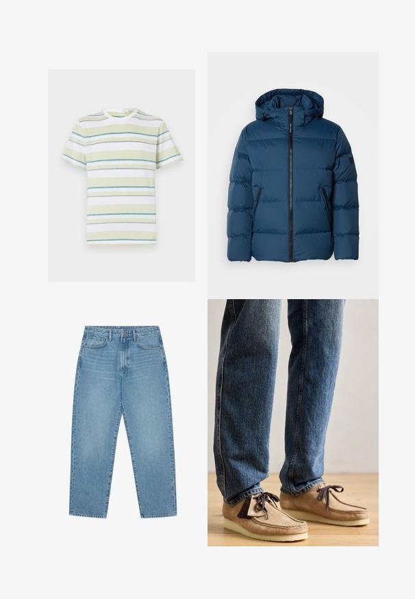 Blå pufferjakke med hætte, der har en frontlynlås, to sidelommer og quiltede sektioner til isolering. Glat, vandafvisende materiale.; Stribet t-shirt i lys grøn, hvid og blå. Rund halsudskæring, korte ærmer, struktureret stof med vandrette striber og subtilt mønster.; Lys blå denim wide-leg jeans med høj talje, der har fem lommer, bæltestropper og en blød, let falmet tekstur.; Suedemokasiner i tan med mørkebrune accenter, rund tå og blød hvid sål. Har snøre-design og syede detaljer.