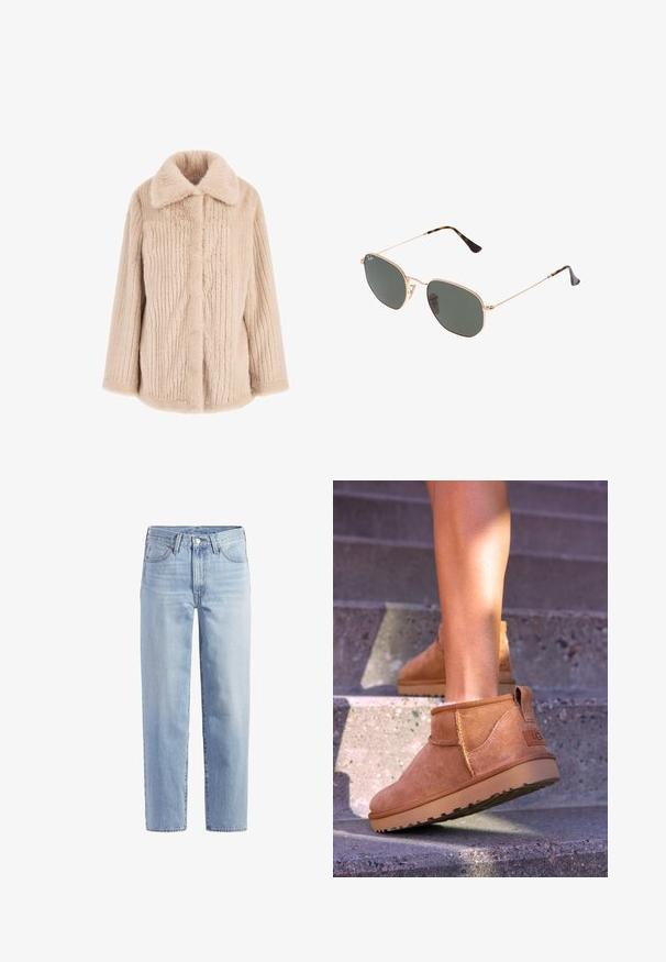Smėlio spalvos dirbtinės kailio striukė su apykakle, vertikalia tekstūra, dviem priekinėm kišenėm ir tiesiu, šiek tiek per dideliu siluetu.; Balta marškiniai su išilginiais atvartais, ilgomis rankovėmis ir mažai mėlyna logotipu kairėje krūtinės pusėje. Pagaminti iš medvilnės audinio.; Šviesiai mėlyni tiesūs džinsai su priekiniais mygtukais, užtrauktuku, diržo kilpomis ir penkių kišenių dizainu ant baltos fono.; Samaniniai suknelės auliniai batai su minkšta tekstūra, siūlės detalėmis ir guminiu padu, su kilpiniu kulnu, kad būtų patogu užsivilkti.; Auksiniai metaliniai akiniai nuo saulės su tamsiai žaliomis lęšiais, aviator tipo, su siaurais rėmeliais ir kilpiniu akmeniu ant galiukų.; Ruda odinė pečių rankinė su kreiva forma ir auksinėmis detalėmis. Modelis vilki šviesią mezginio megztinį ir mėlynus džinsus.