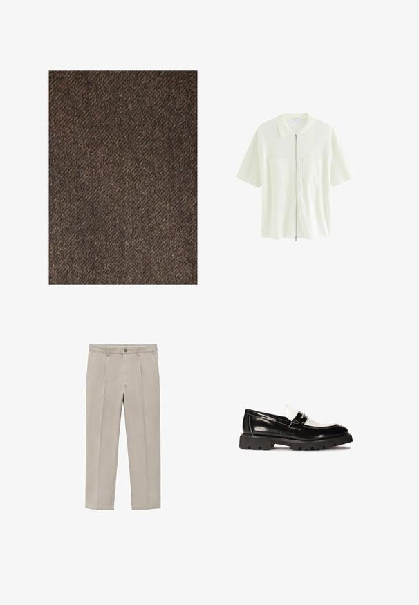 Next REGULAR FIT - Mantel - brown; Korte mouw, witte ritshemd gemaakt van textuurstof, met een kraag en twee voorzakken met vierkante flappen.; Lichtbeige broeken van een katoenmix, met een rechte pijpdesign, voorplooien, een knoopsluiting en zijzakken.; Zwarte lakleren loafers met een witte leren accent, dikke zwarte rubberen zool met profiel en gestikte details. Gladde textuur met een glanzende afwerking.