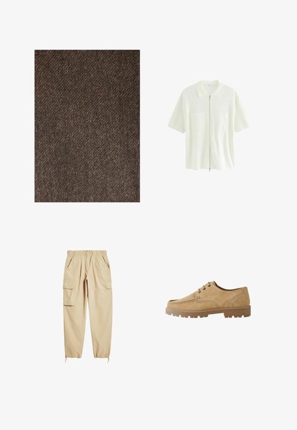 Next REGULAR FIT - Klassikaline mantel - brown; Lühikeste varrukate ja valge lukuga pluus, mis on valmistatud tekstureeritud kangast. Pluusil on kraega kaelus ning kaks eesmist taskut ruudukujuliste klappidega.; Bežid värviga cargo püksid, mis on valmistatud kergest kangast, painduva vöökohaga, küljetaskutega ja pahkluude kohal paelaotsadega. Sisaldab trükitud teksti.; Karmiinpruunid nööriga kingad, ümarate varvastega, kontrastsete õmblustega ning paksu kummitaldaga, millel on kämpingumuster, et tagada haarduvus.