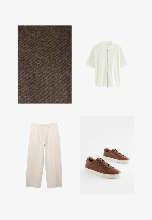 Next REGULAR FIT - Manteau classique - brown; Chemise à manches courtes, blanche, à fermeture éclair, en tissu texturé, dotée d'un col et de deux poches avant avec rabats carrés.; Pantalon en lin beige clair, avec une taille élastique dotée d'un cordon de serrage, un design large et des poches latérales. Texture lisse.; Baskets en cuir marron avec une texture lisse, semelles en caoutchouc blanches et lacets marron assortis. Design à bout arrondi avec des détails de couture minimalistes.