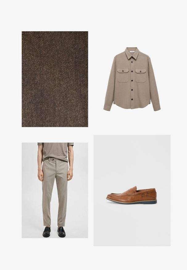 Next REGULAR FIT - Manteau classique - brown; Veste en tissu doux de couleur beige, dotée d'un col classique, de longues manches, de deux poches poitrine et de fermetures à bouton sur le devant.; Pantalons beiges ajustés en tissu lisse, coupe slim et pli avant. Associés à des mocassins noirs, mettant en valeur un design simple et moderne.; Mocassins en cuir marron avec un bout rond, des accents cousus et une semelle en caoutchouc basse. Le design présente une bandoulière sur le haut.