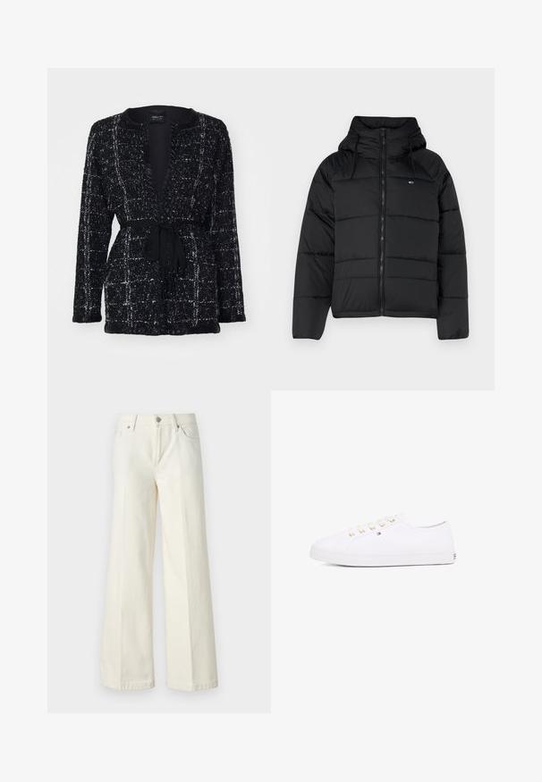 Giacca nera imbottita con cappuccio, dotata di zip frontale, lacci regolabili e design trapuntato. Tessuto morbido e leggero.; Marc Cain Cardigan - black; T-shirt blu navy a maniche corte con scollo rotondo e scritta bianca "Tommy Hilfiger EST. 1985" con logo sul davanti.; Jeans bianchi a gamba larga realizzati in tessuto misto cotone. Presentano una chiusura lampo, design a cinque tasche e cuciture lungo le cuciture.; Sneaker bianco in tela con occhielli dorati, lacci piatti, suola in gomma strutturata e branding minimale sul lato. Design a profilo basso.