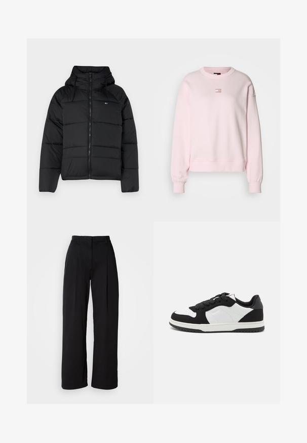 Fekete puffasztott kabát kapucnival, elülső cipzárral, állítható húzózsinórral és steppelt dizájnnal. Puha, könnyű anyag.; Világos rózsaszín pamut keverék pulóver, amely kerek nyakú, hosszú ujjak, bordázott mandzsetták és egy kis logóval díszített a mellen.; Fekete, bő szárú nadrág, magas derékkal, sima anyagból készült, elöl redőkkel és klasszikus szabással. Nincs látható fém vagy mintázat.; Fekete-fehér sportcipők, texturált velúr felsőrész, sima bőr díszítések, kerek orr és gumitalp, amelynek mintázata van.