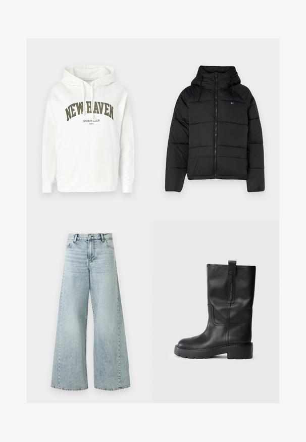 Black padded jacket with a hood, featuring a front zipper, adjustable drawstrings, and quilted design. Soft, lightweight fabric.; White hoodie with drawstrings, featuring "NEW HAVEN" and "SPORTS CLUB" printed in dark green. Soft cotton material, relaxed fit.; Light blue denim wide-leg jeans with a high waist, featuring a button closure, five pockets, and frayed hem details.; Black leather knee-high boots with a sleek design, featuring a thick sole and a side pull tab for easy wear. Notable stitching accents.