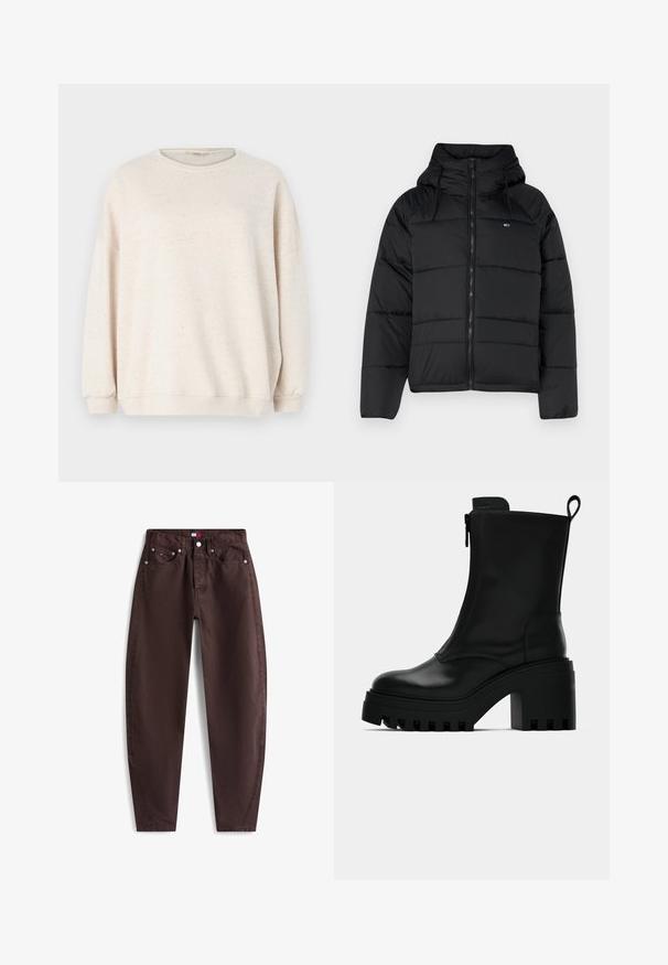 Casaco acolchoado preto com capuz, apresentando um fecho éclair frontal, cordões ajustáveis e design acolchoado. Tecido macio e leve.; Sweatshirt bege claro feito de tecido macio, com decote redondo, mangas longas e um padrão salpicado em tons subtis.; Calças castanhas de algodão com corte de perna reta, apresentando cinco bolsos, rebites metálicos e uma etiqueta na cintura. Textura suave, estilo casual.; Botim de pele preto até ao tornozelo com sola robusta, salto bloco, fecho lateral e alça na parte de trás sobre fundo branco liso.