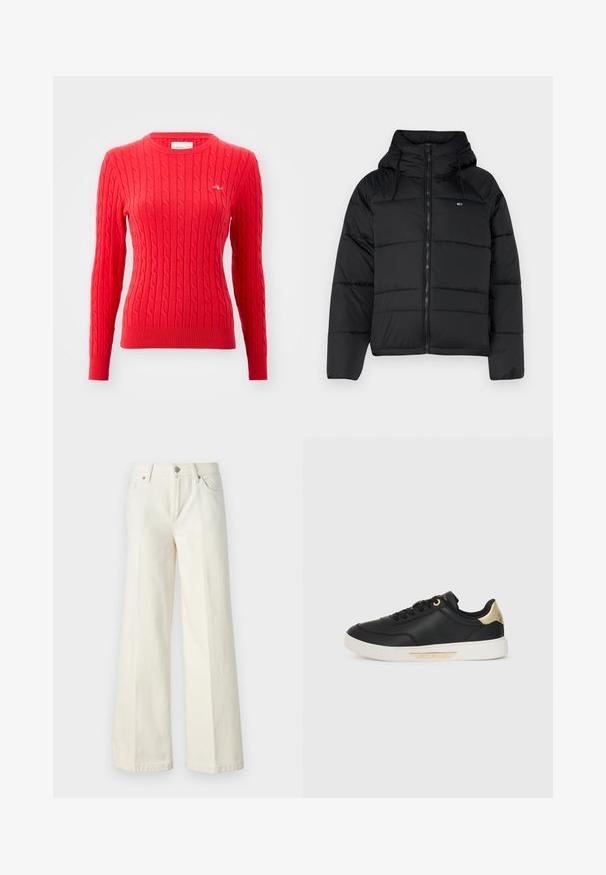 Melnas polsterētas jakas ar kapuci, ar priekšējo rāvējslēdzi, pielāgojamām auklām un izšūtu dizainu. Mīksts, viegls audums.; Sarkans adīts džemperis ar garām piedurknēm, ribotām aprocēm un apakšmalu, apaļu kakla izgriezumu un nelielu logotipa detaļu uz krūšu. Mīksta faktūra.; Platās kāju baltās džinsas, izgatavotas no kokvilnas maisījuma auduma. Tām ir rāvējslēdzēja josta, piecu kabatu dizains un šuvju izšuvumi gar šuvēm.; Melna ādas kedas ar gludu tekstūru, baltu gumijas zoli, zelta akcentiem uz papēža un acs caurumiem, ar logo sānos.