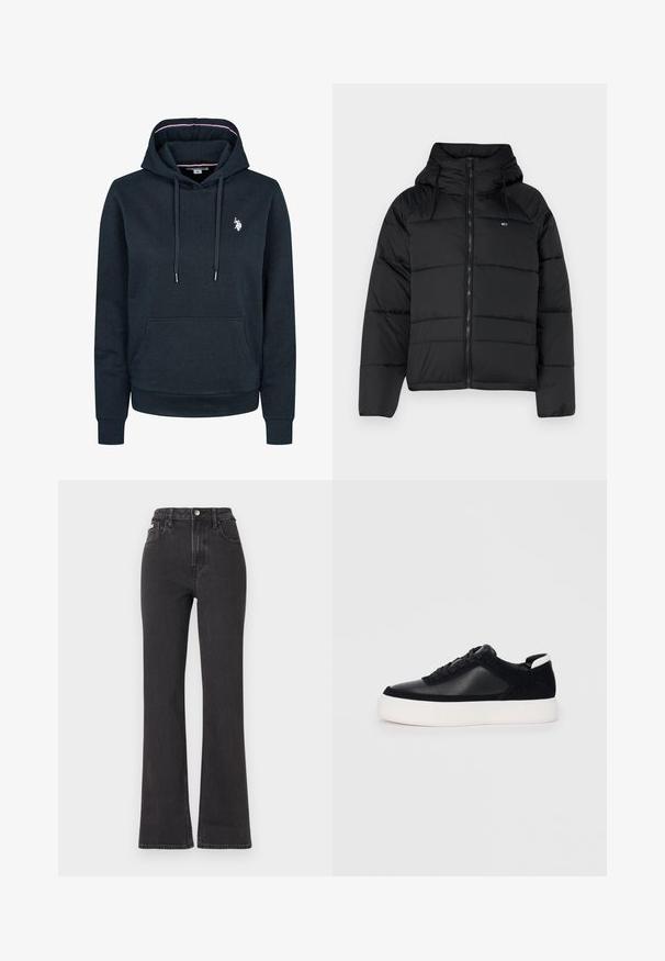 Melnas polsterētas jakas ar kapuci, ar priekšējo rāvējslēdzi, pielāgojamām auklām un izšūtu dizainu. Mīksts, viegls audums.; U.S. Polo Assn. ABA - Džemperis ar kapuci - dark sapphire; Melnas augstā jostasvietā plati izgrieztas džinsus no denima, ar pogu aizdari, jostas cilpām un sānu kabatām. Gluda tekstūra ar minimālu izbalēšanu.; Melnas sporta kurpes ar gludu ādu un zamša paneļiem, plakaniem šņorēm, noapaļotu pirkstu daļu un baltu gumijas zolīti. Izteikts logo uz papēža.