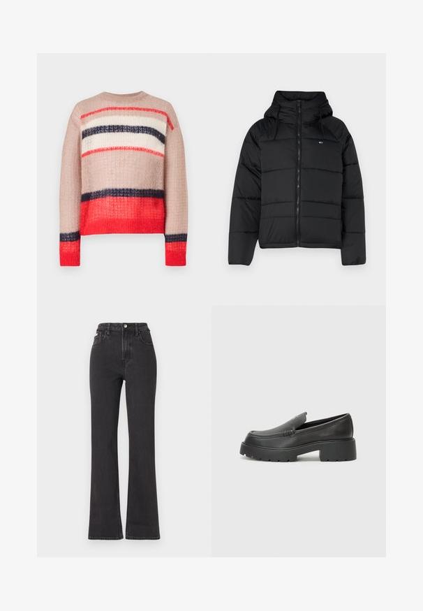 Czarna ocieplana kurtka z kapturem, wyposażona w zamek błyskawiczny z przodu, regulowane sznurki oraz pikowany wzór. Miękka, lekka tkanina.; Sweter z dzianiny o luźnym kroju, w paski w kolorach czerwonym, granatowym, kremowym i beżowym. Teksturowana tkanina z prążkowanym dekoltem i dołem.; Czarne jeansy z wysokim stanem i rozszerzanym dołem, wykonane z denimu, z zapięciem na guzik, szlufkami na pasek oraz kieszeniami bocznymi. Gładka faktura z minimalnym przetarciem.; Czarne skórzane mokasyny z zaokrąglonym noskiem, grubą fakturowaną podeszwą oraz minimalnymi detalami szycia. Elegancki design bez widocznych sznurowadeł czy elementów metalowych.