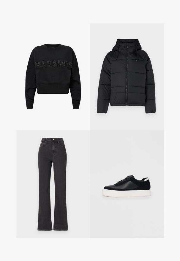 Čierna prešívaná bunda s kapucňou, má predný zips, nastaviteľné šnúrky a prešívaný dizajn. Mäkkučká, ľahká tkanina.; Čierny skrátený sweatshirt vyrobený z jemného materiálu, s nápisom "ALLSAINTS" v textúrovaných čiernych akcentoch na prednej strane. Okruhly výstrih a dlhé rukávy.; Čierne džíny s vysokým pásom a rozšírenými nohavicami vyrobené z denimu, s gombíkovým zapínaním, pútkami na opasok a bočnými vreckami. Hladká textúra s minimálnym ošúchaním.; Čierne tenisky s hladkou kožou a semišovými panelmi, plochými šnúrkami, zaoblenou špičkou a bielou gumovou podrážkou. Výrazné logo na päte.