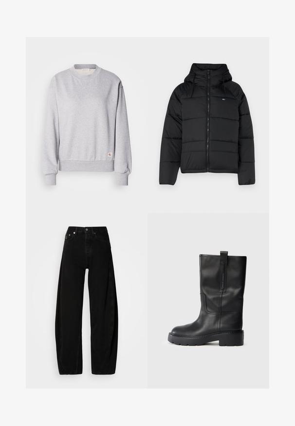 Casaco acolchoado preto com capuz, apresentando um fecho éclair frontal, cordões ajustáveis e design acolchoado. Tecido macio e leve.; Sweatshirt cinza de algodão com decote redondo, punhos e cintura canelados. Apresenta uma pequena etiqueta com o logótipo na parte inferior. Textura suave.; Calças largas de ganga pretas com cintura alta, apresentando um fecho de botão, cinco bolsos e detalhes de costura mínimos.; Botas pretas de couro até ao joelho com um design elegante, apresentando uma sola grossa e uma aba lateral para fácil colocação. Detalhes de costura notáveis.