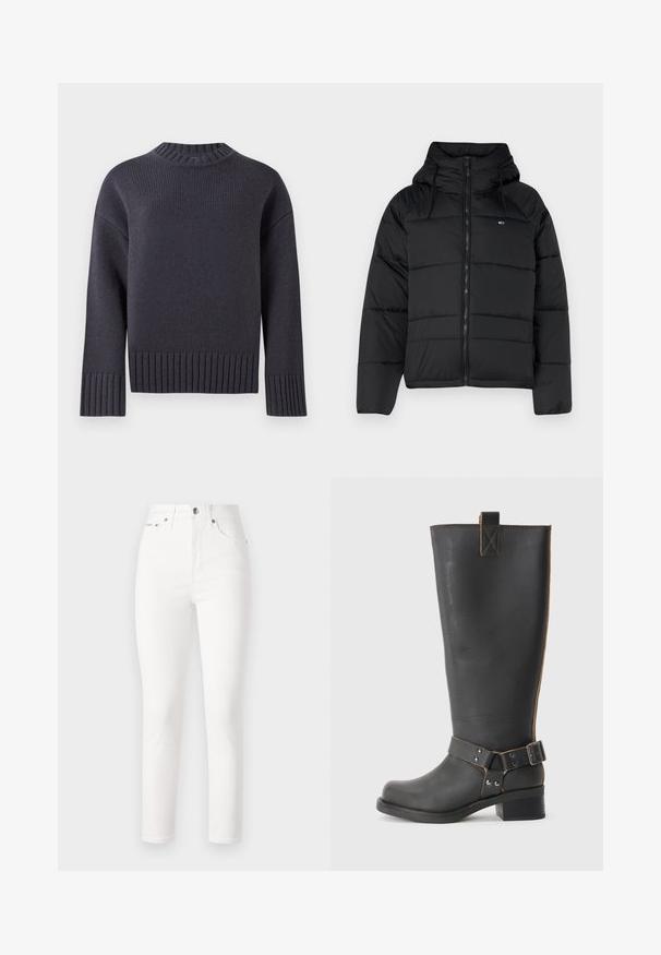 Czarna ocieplana kurtka z kapturem, wyposażona w zamek błyskawiczny z przodu, regulowane sznurki oraz pikowany wzór. Miękka, lekka tkanina.; Granatowy sweter z dzianiny z wysokim ściągaczem przy dekolcie oraz szerokimi ściągaczami na mankietach i dolnej krawędzi. Charakteryzuje się luźnym krojem i fakturowanym materiałem.; Białe dżinsy z wysokim stanem, zwężającymi się nogawkami i pięcioma kieszeniami. Posiadają metalowy guzik i nity, gładką teksturę.; Czarne skórzane, wysokie do kolan botki o teksturowanym wykończeniu, wyposażone w akcent w postaci klamry z boku oraz niski obcas. Szczegółowe przeszycia wzdłuż szwów.