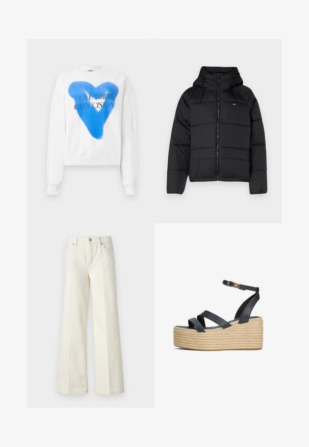 Giacca nera imbottita con cappuccio, dotata di zip frontale, lacci regolabili e design trapuntato. Tessuto morbido e leggero.; Felpa bianca con una grande grafica a forma di cuore blu e la scritta "L'AMORE È UN SENTIMENTO NON UNA DECISIONE." Tessuto morbido, maniche lunghe, design cropped.; Jeans bianchi a gamba larga realizzati in tessuto misto cotone. Presentano una chiusura lampo, design a cinque tasche e cuciture lungo le cuciture.; Sandali con zeppa in pelle nera, con cinturini incrociati e una piattaforma in corda intrecciata. Presentano una cinghia alla caviglia e dettagli con fibbia color oro.