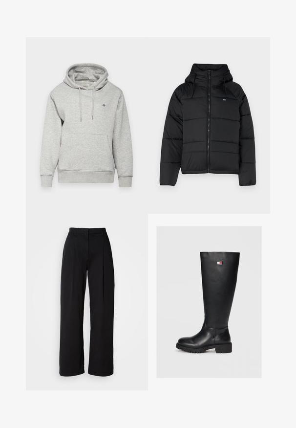Giacca nera imbottita con cappuccio, dotata di zip frontale, lacci regolabili e design trapuntato. Tessuto morbido e leggero.; GANT SHIELD HOODIE - Felpa - light grey melange; Pantaloni neri a gamba larga con vita alta, realizzati in tessuto morbido, caratterizzati da pieghe frontali e un taglio classico. Nessuna hardware o motivo visibile.; Stivali neri al ginocchio realizzati in pelle liscia con suola in gomma testurizzata, dotati di una piccola patch con logo in rosso, bianco e blu.