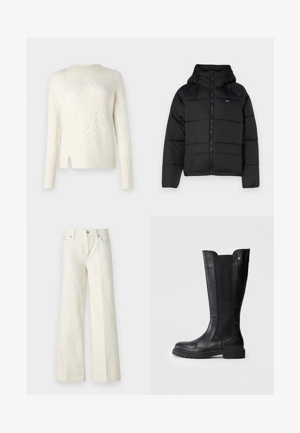 Veste matelassée noire avec capuche, dotée d'un zip avant, de cordons de serrage réglables et d'un design matelassé. Tissu doux et léger.; Pull léger de couleur crème avec des motifs texturés, des poignets côtelés et une fente sur le côté. Fabriqué en matière tricotée douce.; Jean blanc à jambes larges en tissu mélangé de coton. Caractéristiques : fermeture à glissière, format cinq poches et coutures le long des coutures.; Botte en cuir noir à hauteur de genou avec panneaux latéraux en élasthanne, bout rond, semelle épaisse et petit logo accentué sur le côté extérieur.