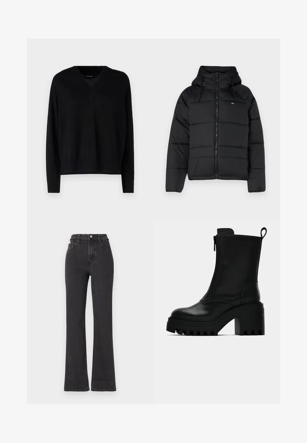 Svart polstret jakke med hette, med glidelås foran, justerbare snorer og quiltet design. Mykt, lett stoff.; Repeat Strikkegenser - black; Svarte høyt midje, utsvingte jeans laget av denim, med knappelukking, beltehemper og sidelommer. Glatt tekstur med minimal falming.; Sorte lær ankelsko med kraftig såle, blokkhæl, sidelukking med glidelås og trekketap bak på ensfarget hvit bakgrunn.