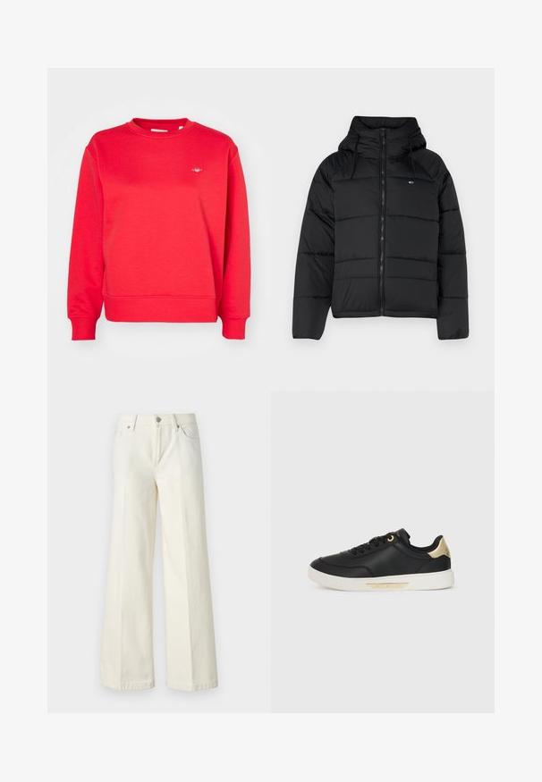 Giacca nera imbottita con cappuccio, dotata di zip frontale, lacci regolabili e design trapuntato. Tessuto morbido e leggero.; Felpa rossa in cotone con collo rotondo, maniche lunghe, polsini e orlo a coste, con un piccolo logo sul petto.; Jeans bianchi a gamba larga realizzati in tessuto misto cotone. Presentano una chiusura lampo, design a cinque tasche e cuciture lungo le cuciture.; Sneaker in pelle nera con una texture liscia, suola in gomma bianca, dettagli dorati sul tallone e sui passanti dei lacci, con logo sul lato.