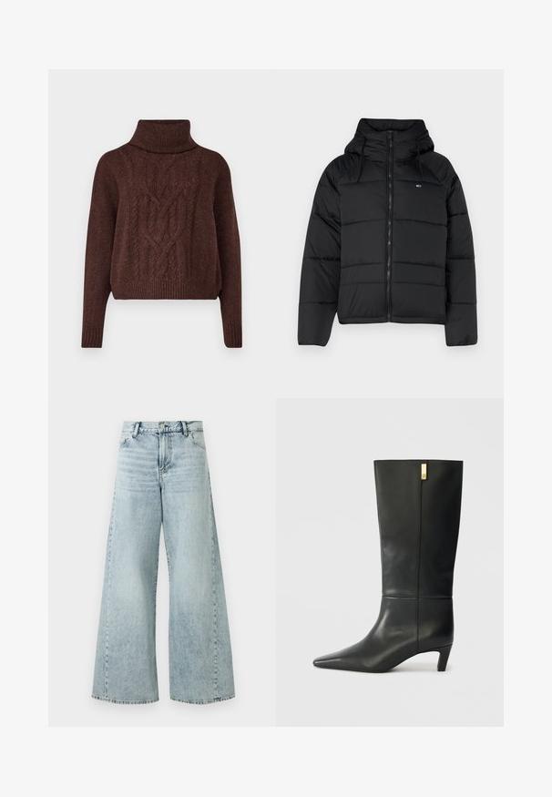 Svart polstret jakke med hette, med glidelås foran, justerbare snorer og quiltet design. Mykt, lett stoff.; Lauren Ralph Lauren CAISYN LONG SLEEVE - Strikkegenser - circuit brown; Lyse blå denim vidbukser med høy midje, som har knapplukking, fem lommer og frynsete detaljer på kanten.; Sorte lærknæhøje støvler med spids tå og en lille hæl. Har et strømlinet design med en gylden accentdetalje. Glat tekstur.