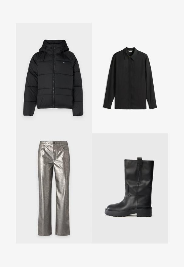 Zwarte gewatteerde jas met capuchon, voorzien van een voorrits, verstelbare koordjes en een doorgestikt ontwerp. Zacht, lichtgewicht materiaal.; Zwarte lange mouwen shirt met een puntige kraag, sluiting met knopen aan de voorkant en een gouden accentknop. Het shirt heeft een gladde textuur en een relaxte pasvorm.; Metalen zilveren broek met een rechte snit, vijf zakken en een knoopsluiting. Gladde textuur met een subtiele glans en een minimalistisch ontwerp.; Zwarte leren kniehoge laarzen met een slank ontwerp, voorzien van een dikke zool en een zijhandvat voor gemakkelijk aan- en uittrekken. Opvallende stikselaccenten.