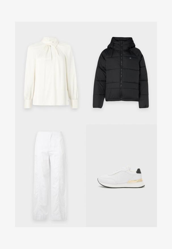 Black padded jacket with a hood, featuring a front zipper, adjustable drawstrings, and quilted design. Soft, lightweight fabric.; Long-sleeve, high-neck blouse in cream, made of smooth fabric. Features a gathered detail at the neckline and puffed sleeves.; White wide-leg trousers made of lightweight fabric, featuring a smooth texture, clean lines, and a high waist design.; White sneaker with a smooth finish, featuring a black heel accent and a gold metallic detail on the midsole. Lace-up design, rubber sole.