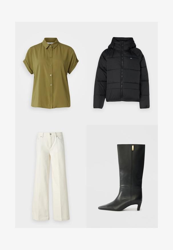 Casaco acolchoado preto com capuz, apresentando um fecho éclair frontal, cordões ajustáveis e design acolchoado. Tecido macio e leve.; Samsøe Samsøe MAJAN SS - Blusa com botões - olive; Calças jeans brancas de perna larga, feitas de tecido de algodão misto. Apresentam fecho de correr, design de cinco bolsos e costura ao longo das costuras.; Bota de couro preto até ao joelho com bico fino e um pequeno tacão. Apresenta um design elegante com um detalhe em dourado. Textura suave.