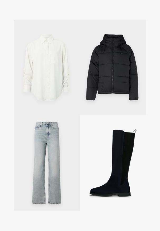 Schwarze gepolsterte Jacke mit Kapuze, ausgestattet mit einem frontalen Reißverschluss, verstellbaren Kordeln und gestepptem Design. Weicher, leichter Stoff.; Weißes Langarmhemd mit Knopfleiste und Kragen, einer einzelnen Brusttasche und hochgekrempelten Ärmeln. Weicher, glatter Stoff und entspannter Schnitt.; Hoch geschnittene, hellblaue Jeans mit weitem Bein, die über fünf Taschen verfügen und eine dezente Ausbleichung im Stoff aufweisen.; Hohe schwarze Wildlederstiefel mit geripptem elastischem Rückenteil, Zugschlaufe, niedrigem Absatz und kleinem rechteckigen Logo nahe dem Knöchel auf einem weißen Hintergrund.