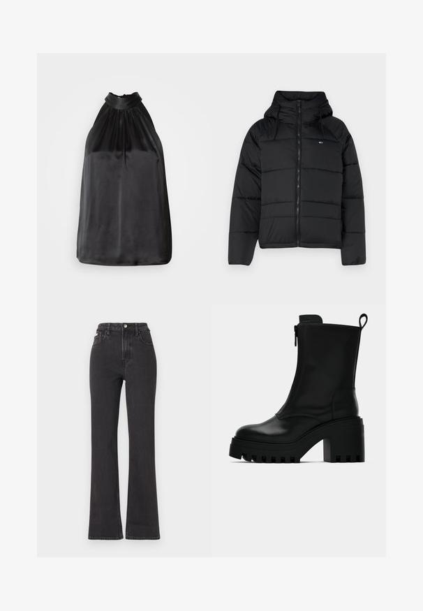 Jachetă neagră căptușită cu glugă, cu fermoar frontal, șnururi ajustabile și design matlasat. Material moale și ușor.; Top negru din satin cu guler halter, cu țesătură plisată la gât și un design neted, curgător. Tiv drept fără modele sau accente vizibile.; Jeans negre cu talie înaltă, evazate, din denim, cu închidere prin buton, bucle pentru curea și buzunare laterale. Textură netedă, cu decolorare minimă.; Botine negre din piele cu talpă groasă, toc pătrat, fermoar lateral și manșetă la spate, pe un fundal alb simplu.
