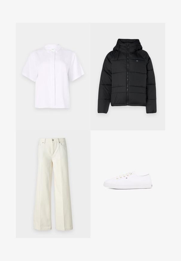 Musthave mustaga, millel on kapuuts, ees lukk, reguleeritavad nöörid ja tikitud disain. Pehme ja kerge kangas.; Lühikeste varrukatega valge särk, mis on valmistatud siledast kangast, millel on terava krae ja nööbiplack, millel on roheline aktsentnööp.; Laiad valged teksad, mis on valmistatud puuvilla segust. Omavad lukuga eesmist sulgemist, viie taskuga disaini ning õmblusi pükste saemetes.; Valge kangast tennisemüts kuldsete silmadega, lame pael ja tekstureeritud kummist talla, minimaalse brändimisega küljel. Madala profiiliga disain.