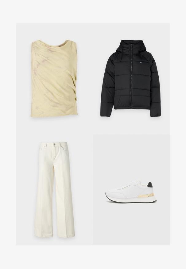 Schwarze gepolsterte Jacke mit Kapuze, ausgestattet mit einem frontalen Reißverschluss, verstellbaren Kordeln und gestepptem Design. Weicher, leichter Stoff.; Helles gelbes ärmelloses Top mit einem drapierten Design und subtiler marmorierter Textur. Verfügt über eine entspannte Passform und einen abgerundeten Ausschnitt.; Weite weiße Jeans aus einem Baumwollmischgewebe. Verfügt über einen Reißverschluss, ein Fünf-Taschen-Design und Nähte entlang der Säume.; Weißer Sneaker mit einer glatten Oberfläche, ausgestattet mit einem schwarzen Akzent an der Ferse und einem goldenen metallischen Detail an der Zwischensohle. Schnürdesign, gummierte Sohle.
