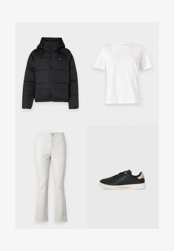 Sort polstret jakke med hætte, der har en frontend lynlås, justerbare snore og quiltet design. Blødt, letvægtsstof.; Hvid bomulds t-shirt med korte ærmer, rund halsudskæring og en afslappet pasform. Glat tekstur, ingen mønstre eller accenter, minimalistisk design.; Lys grå, flagrende bukser lavet af en blanding af bomuld. Har forlommer, knaplukning og subtile syninger langs sømmene.; Sort lædersneaker med en glat overflade, hvid gummisål, guldaccenter på hælen og øjet, med et logo på siden.