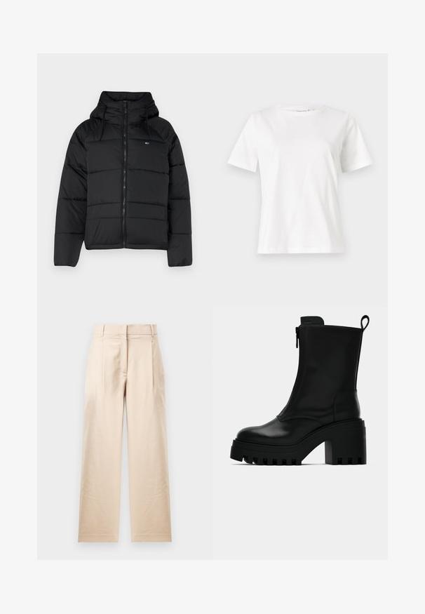 Casaco acolchoado preto com capuz, apresentando um fecho éclair frontal, cordões ajustáveis e design acolchoado. Tecido macio e leve.; T-shirt de algodão branco com mangas curtas, decote redondo e um corte descontraído. Textura suave, sem padrões ou detalhes, design minimalista.; Calças bege feitas de um tecido suave. Apresentam um corte reto, frente lisa e duas pregas. Sem padrões visíveis ou acessórios.; Botim de pele preto até ao tornozelo com sola robusta, salto bloco, fecho lateral e alça na parte de trás sobre fundo branco liso.