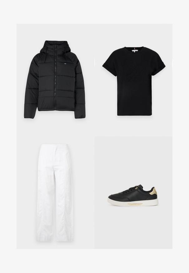 Black padded jacket with a hood, featuring a front zipper, adjustable drawstrings, and quilted design. Soft, lightweight fabric.; Black cotton t-shirt with rolled short sleeves, featuring an embossed logo in the center and a small flag accent on the side.; White wide-leg trousers made of lightweight fabric, featuring a smooth texture, clean lines, and a high waist design.; Black leather sneaker with a smooth texture, white rubber sole, gold accents on the heel and eyelets, featuring a logo on the side.