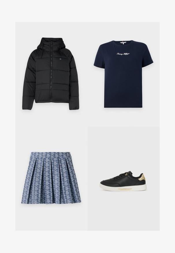 Čierna prešívaná bunda s kapucňou, má predný zips, nastaviteľné šnúrky a prešívaný dizajn. Mäkkučká, ľahká tkanina.; Námornícky modré bavlnené tričko s krátkymi rukávmi a okrúhlym výstrihom. Na hrudi je biele vyšívané logo "Tommy Hilfiger". Jednoduchý dizajn, voľný strih.; Modrá skladaná sukňa s geometrickým bielym vzorom. Vyrobená z texturovanej tkaniny s priliehavým pásom a vrstveným dizajnom.; Čierne kožené tenisky s hladkou textúrou, bielou gumovou podrážkou, zlatými akcentmi na päte a šnúrkach, s logom na boku.