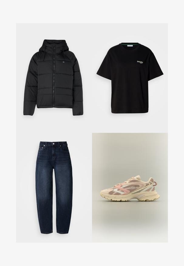 Czarna ocieplana kurtka z kapturem, wyposażona w zamek błyskawiczny z przodu, regulowane sznurki oraz pikowany wzór. Miękka, lekka tkanina.; Czarny bawełniany t-shirt z krótkimi rękawami, z małym zielonym logo na lewej piersi. Klasyczny okrągły dekolt, luźny krój.; Granatowe jeansy z denimu o luźnym kroju, z wysokim stanem, prostymi nogawkami i klasycznym fasonem z pięcioma kieszeniami.; Buty biegowe z różowymi, beżowymi i kremowymi siateczkowymi oraz syntetycznymi overlayami, masywną podeszwą i teksturowaną podeszwą zewnętrzną dla lepszej przyczepności, widok z boku.