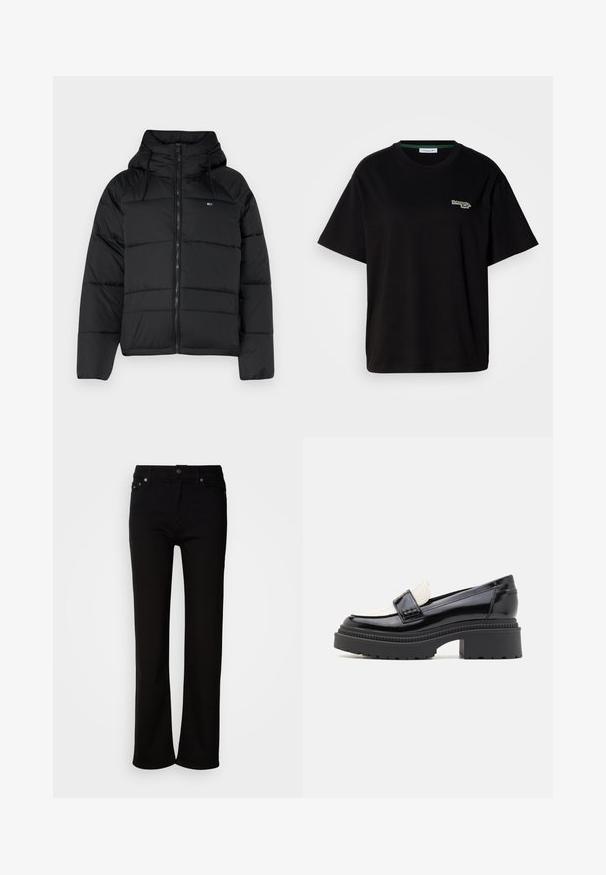 Zwarte gewatteerde jas met capuchon, voorzien van een voorrits, verstelbare koordjes en een doorgestikt ontwerp. Zacht, lichtgewicht materiaal.; Zwarte katoenen t-shirt met korte mouwen, voorzien van een klein groen logo op de linkerkant van de borst. Klassieke ronde hals en een relaxte pasvorm.; Zwarte denim rechte jeans met een klassiek vijf-pocket ontwerp, knoopsluiting en subtiele stikdetails. Glad textuur, volledige lengte.; Zwarte gepatineerde leren instappers met een witte leren inzet, chunky zwarte rubberen zool en een lichte hak. Geweven stiksels detail op de bovenkant.