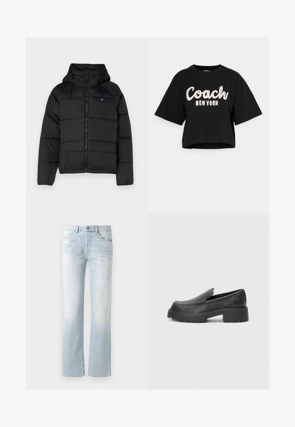Crna podstavljena jakna s kapuljačom, sa prednjim zatvaračem, podesivim vezicama i kviltanim dizajnom. Mekani, lagani materijal.; Crna skraćena majica od pamuka, s velikim bijelim natpisom "Coach New York" na prednjoj strani i kratkim rukavima. Glatka tekstura.; Svijetloplave traperice s ravnim krojem, s izbleđenjem, pet džepova i prednjim zatvaranjem na dugme.; Crne kožne loaferice s zaobljenim vrhom, debelim teksturiranim potplatom i minimalnim detaljima šivanja. Elegantna izrada bez vidljivih vezica ili metalnih elemenata.