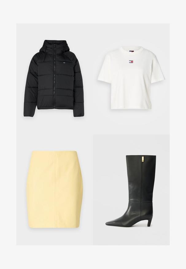 Chaqueta acolchada negra con capucha, con cremallera frontal, cordones ajustables y diseño acolchado. Tejido suave y ligero.; Camiseta de algodón blanca con cuello redondo y mangas cortas. Presenta un pequeño parche de logotipo en color con acentos en rojo, azul y blanco en el pecho.; Minifalda amarilla con una textura suave y ajuste ceñido, que presenta un diseño limpio y detalles de costura mínimos.; Bota de cuero negro hasta la rodilla con puntera afilada y un pequeño tacón. Presenta un diseño elegante con un detalle en dorado. Textura suave.