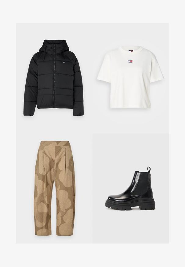 Svart polstret jakke med hette, med glidelås foran, justerbare snorer og quiltet design. Mykt, lett stoff.; Hvit bomulls T-skjorte med rund hals og korte ermer. Har et lite farget logo-patch med røde, blå og hvite detaljer på brystet.; Beige bukser med et stort blomstermønster i lysere nuancer. Har høj talje, plisseringer og en afslappet pasform. Lavet af letvægtsstof.; Sorte ankelstøvler i læder med et strømlinet design, elastiske sidepaneler og en kraftig sort sål. Har en trækflig bagpå for nem påtagning.