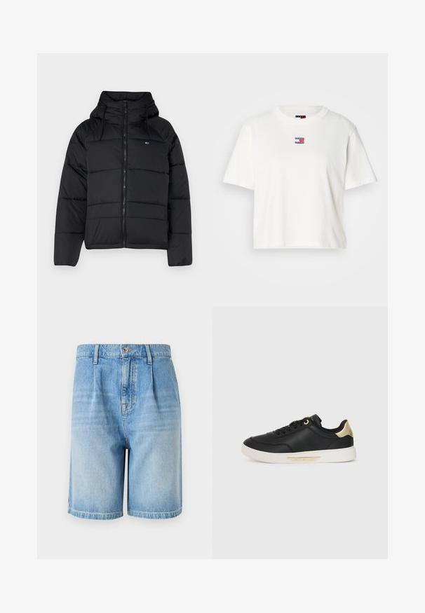 Fekete puffasztott kabát kapucnival, elülső cipzárral, állítható húzózsinórral és steppelt dizájnnal. Puha, könnyű anyag.; Fehér pamut póló kerek nyakkal és rövid ujjakkal. Kicsi, színes logó címke található a mellkasán piros, kék és fehér részletekkel.; Világoskék farmer rövidnadrág laza szabással, gombos záródással, két elülső zsebbel és egyenes szegéllyel. Koptatott textúra az egész anyagon.; Fekete bőr sportcipő sima textúrával, fehér gumitalppal, arany részletekkel a saroknál és a fűzőlyukaknál, oldalt egy logóval.